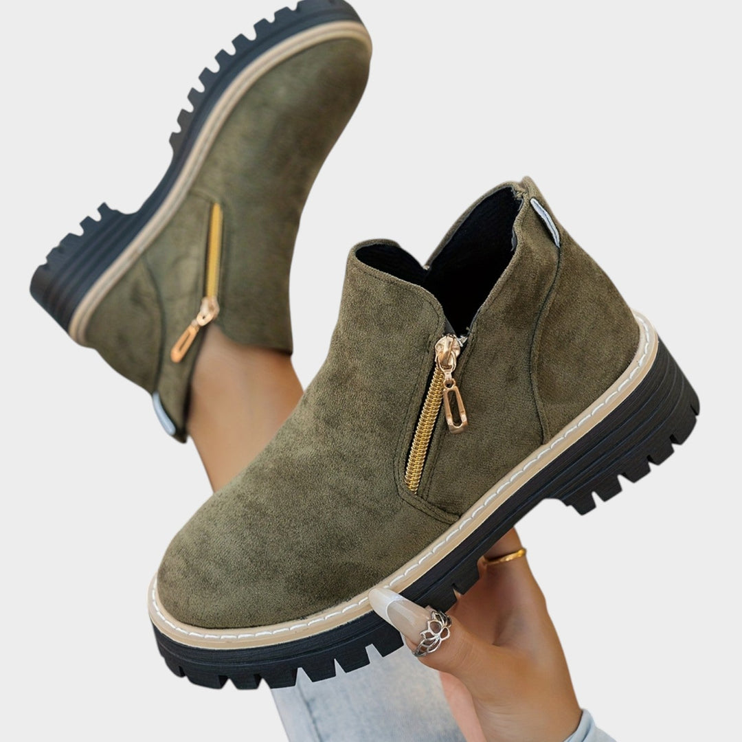 Women's Ankle Boots Double Zipper Thick Sole Solid Color