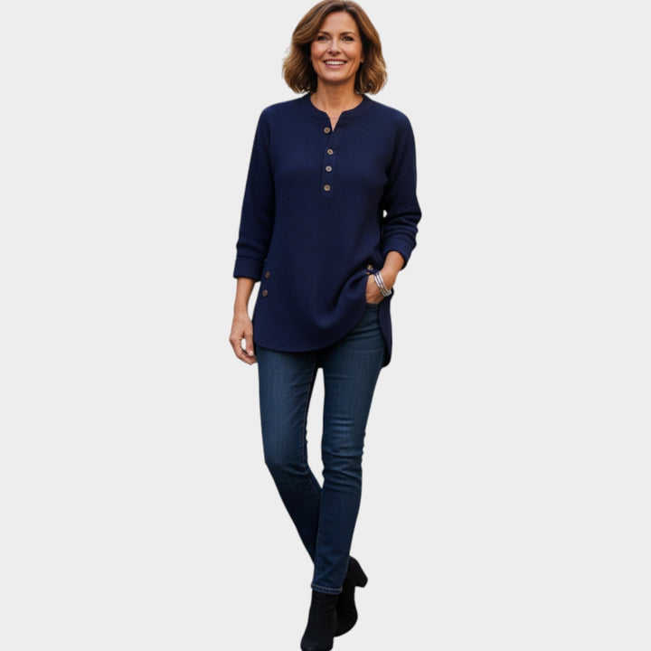 Women's Henley Knit Sweater Button Neck Long Sleeve
