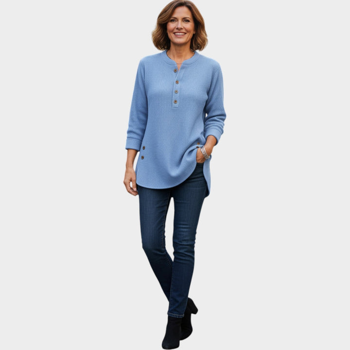 Women's Henley Knit Sweater Button Neck Long Sleeve