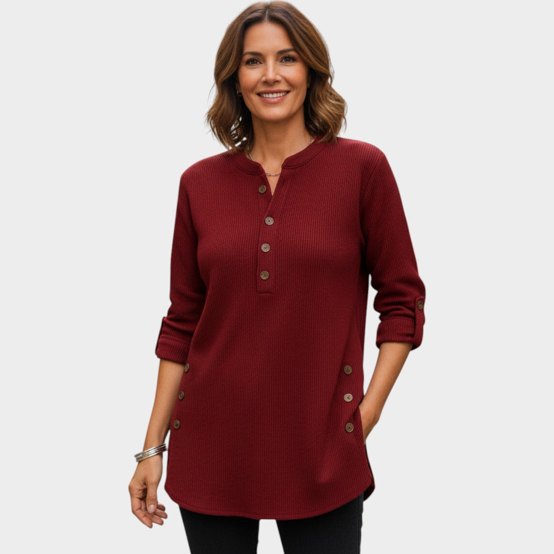 Women's Henley Knit Sweater Button Neck Long Sleeve