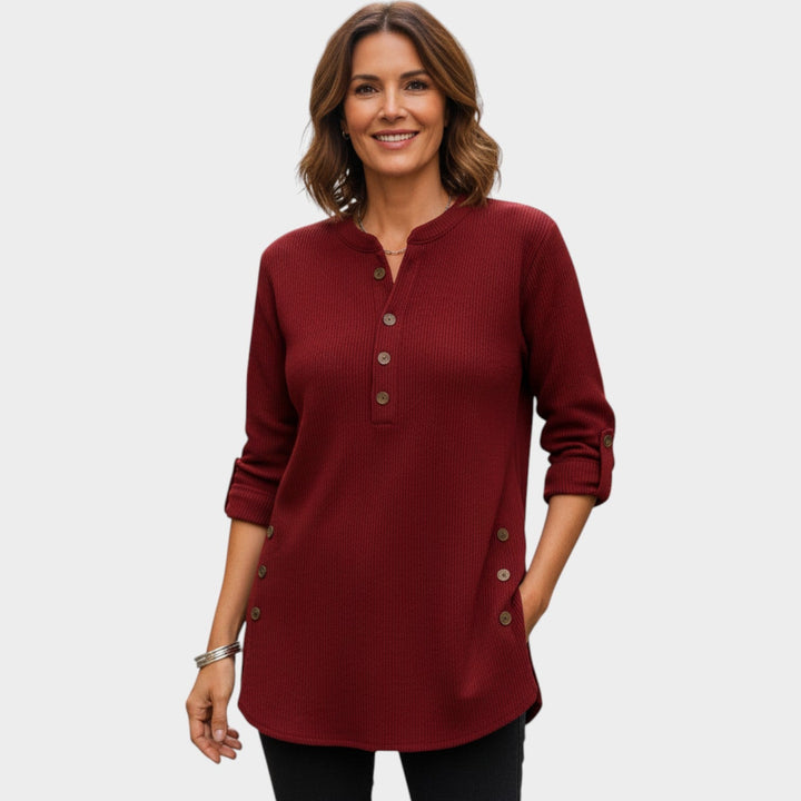 Women's Henley Knit Sweater Button Neck Long Sleeve