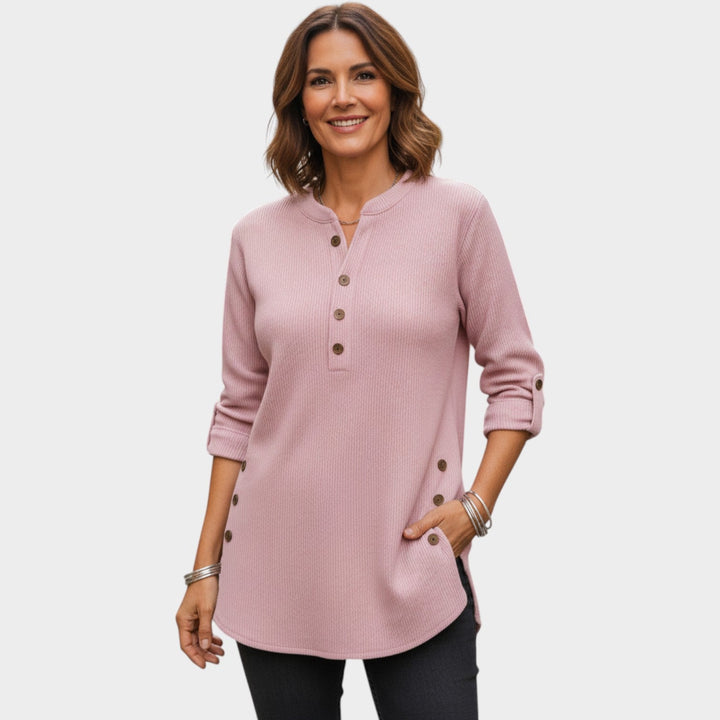Women's Henley Knit Sweater Button Neck Long Sleeve