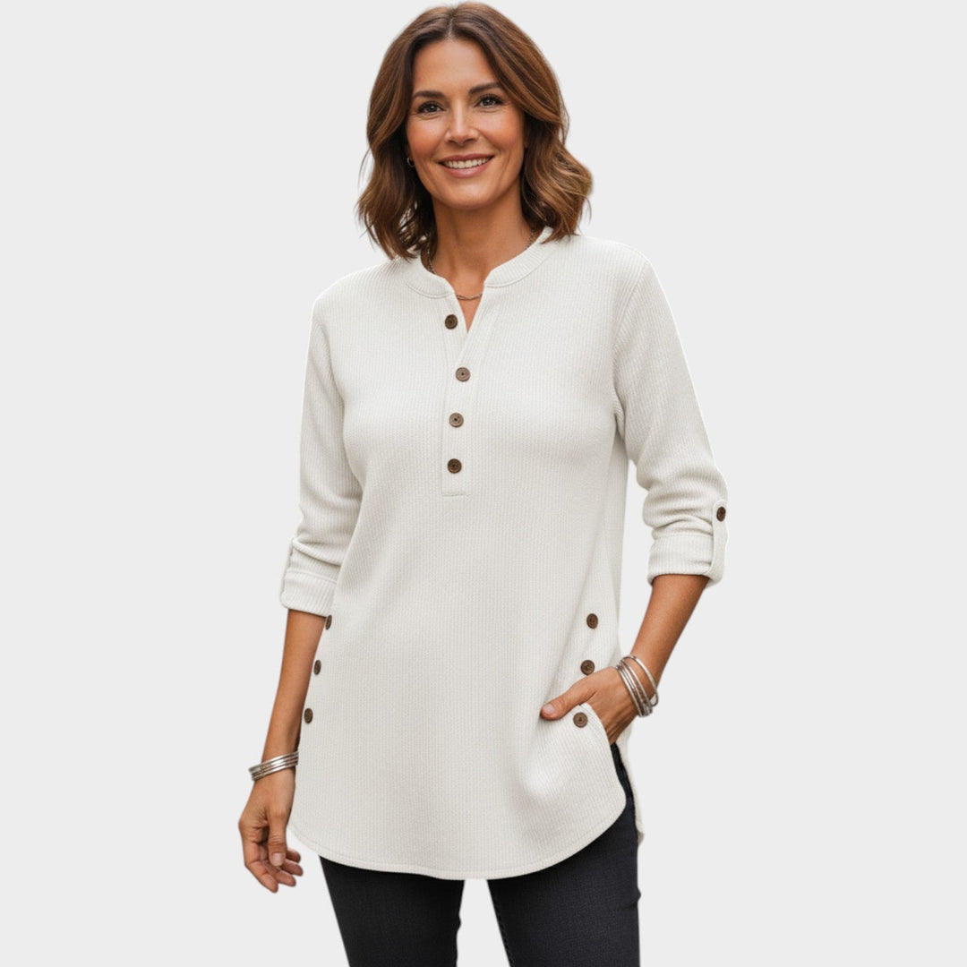 Women's Henley Knit Sweater Button Neck Long Sleeve