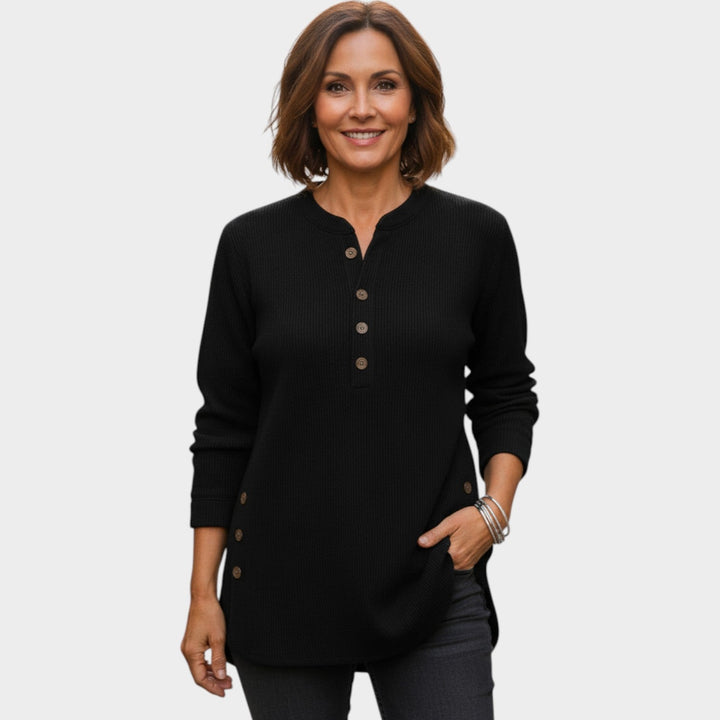Women's Henley Knit Sweater Button Neck Long Sleeve