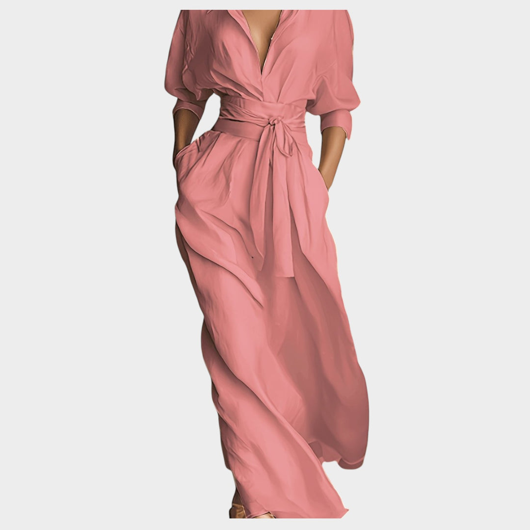 Belted Flowing Maxi Shirt Dress