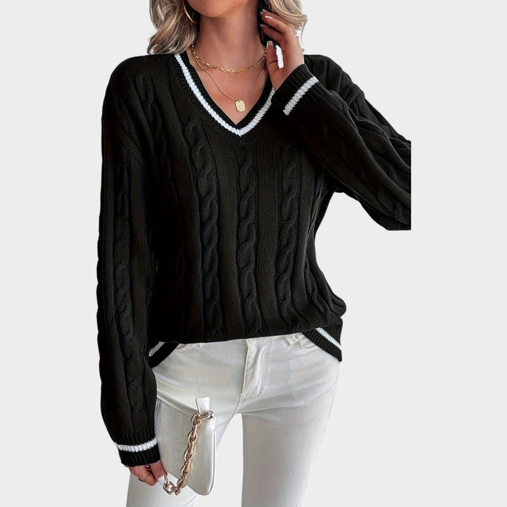 Women's Cable Knit Sweater Striped Trim Drop Shoulders