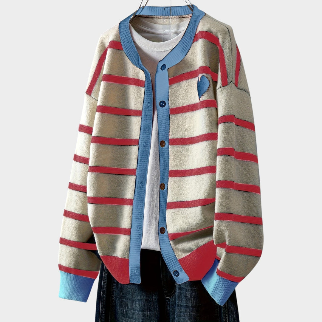 Women's Striped Knit Cardigan Heart Pattern Button Front