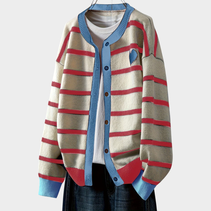 Women's Striped Knit Cardigan Heart Pattern Button Front