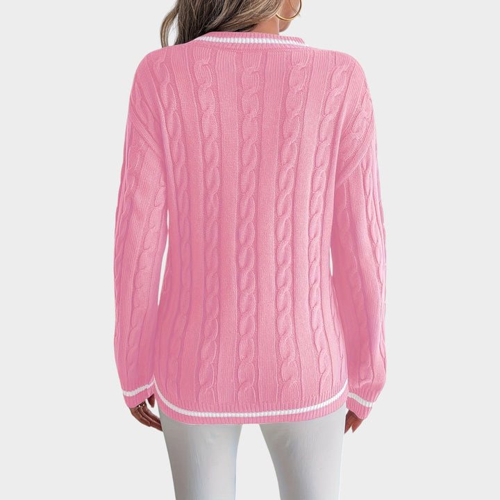 Women's Cable Knit Sweater Striped Trim Drop Shoulders