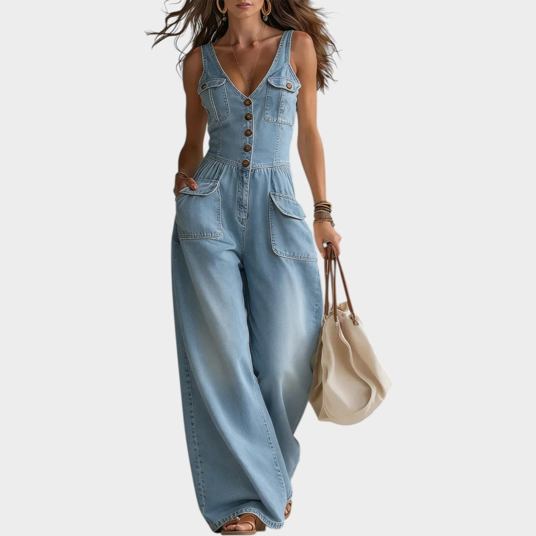 Retro Button-Up Denim Jumpsuit