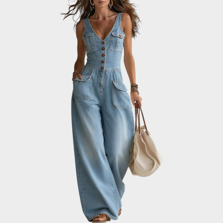 Retro Button-Up Denim Jumpsuit