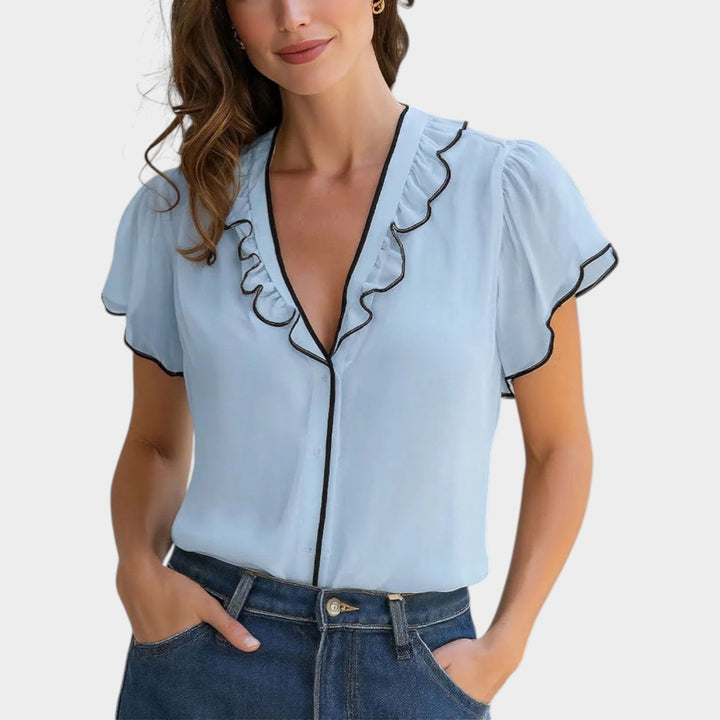 Ruffled V-Neck Short Sleeve Blouse
