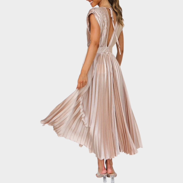Pleated V-Neck Midi Dress