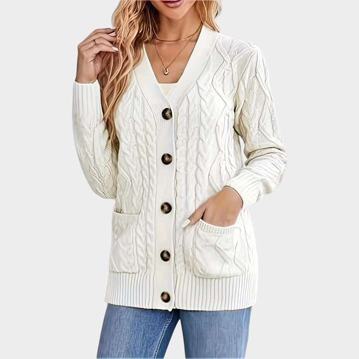 Women's Cable Knit Cardigan V Neck Button Front Mid Length