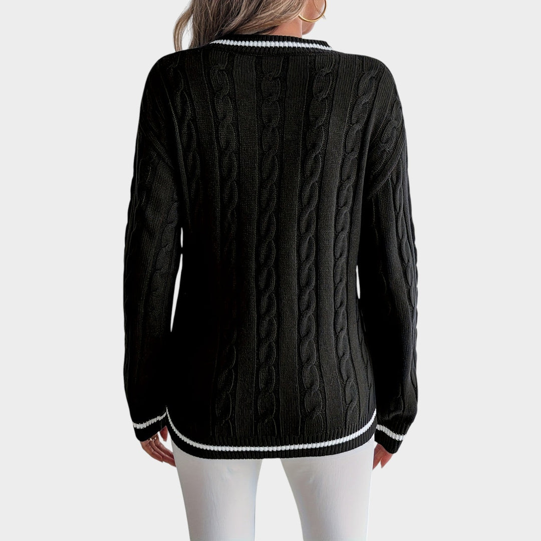 Women's Cable Knit Sweater Striped Trim Drop Shoulders