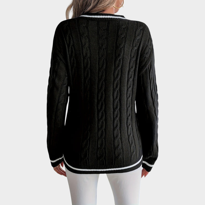 Women's Cable Knit Sweater Striped Trim Drop Shoulders