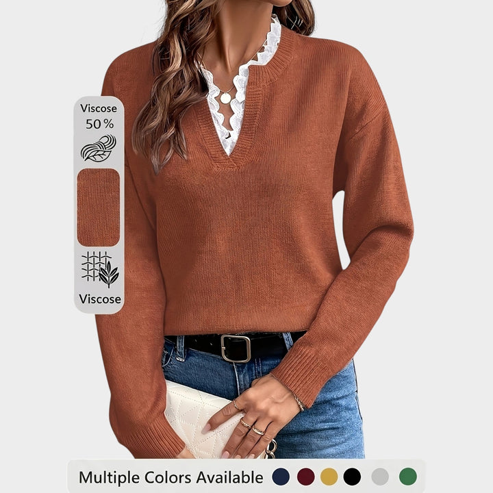 Women’s Knit Sweater Lace Collar Drop Shoulder Long Sleeve