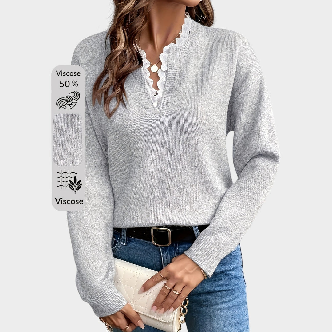 Women’s Knit Sweater Lace Collar Drop Shoulder Long Sleeve