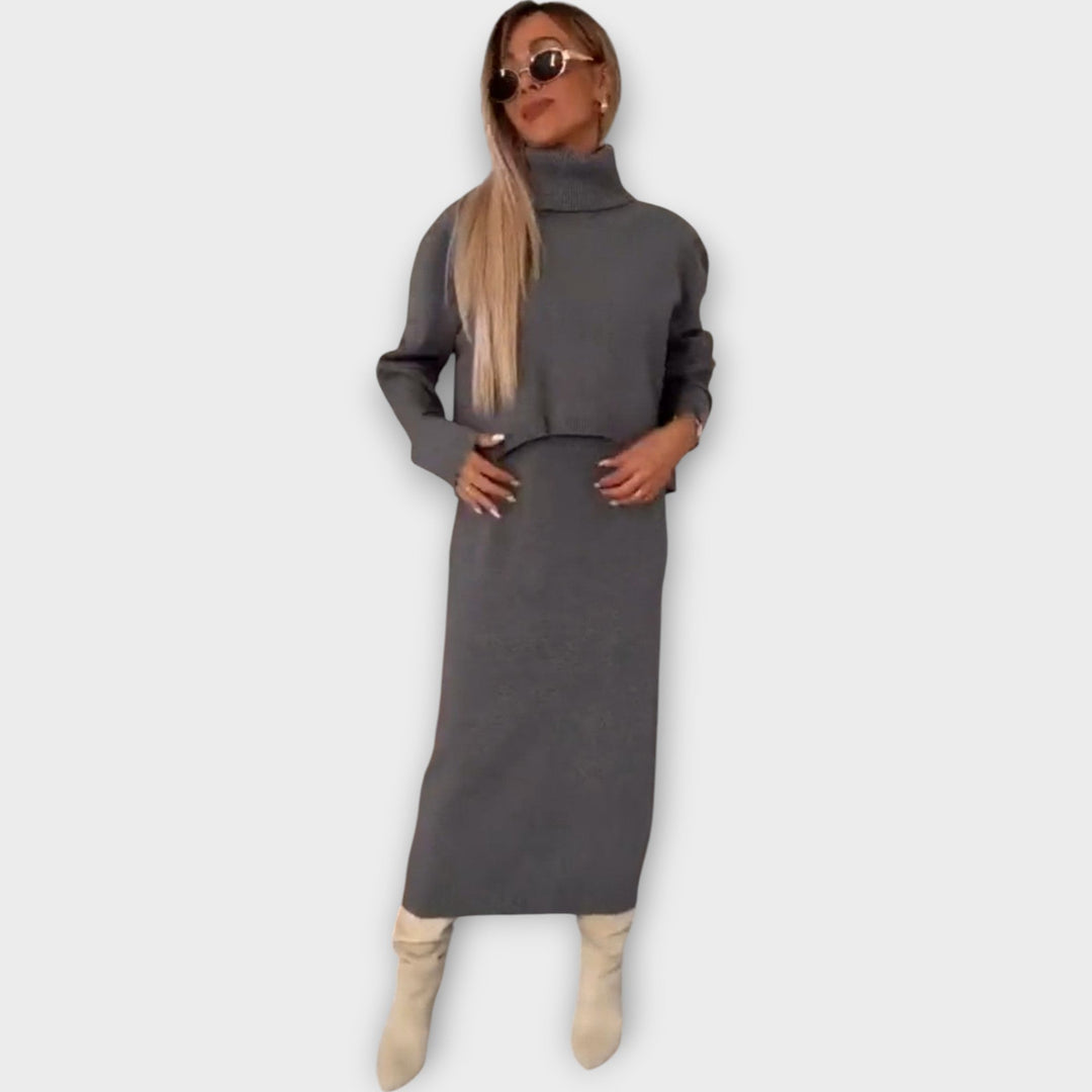 Women’s Two Piece Knit Set Turtleneck Sweater Midi Skirt