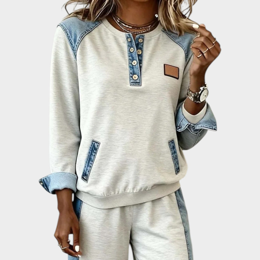 Casual Denim Trim Two-Piece Set