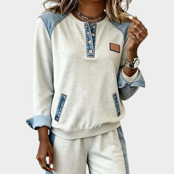 Casual Denim Trim Two-Piece Set