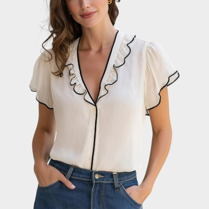 Ruffled V-Neck Short Sleeve Blouse