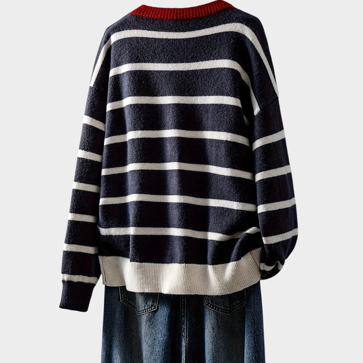Women's Striped Knit Cardigan Heart Pattern Button Front