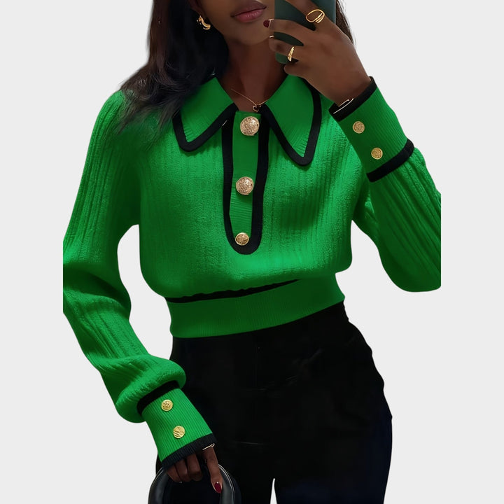 Women’s Knit Sweater Spliced Lapel Metal Button Detail