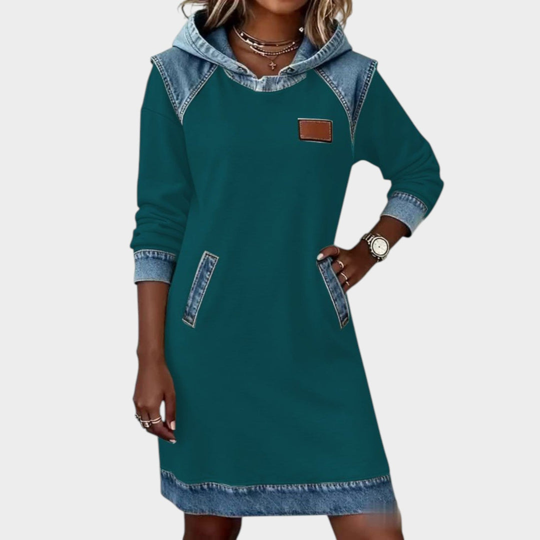 Casual Denim Trim Hoodie Dress