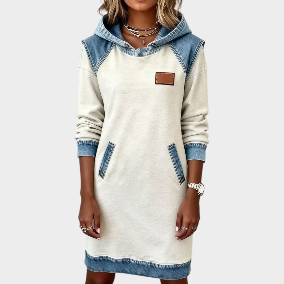 Casual Denim Trim Hoodie Dress