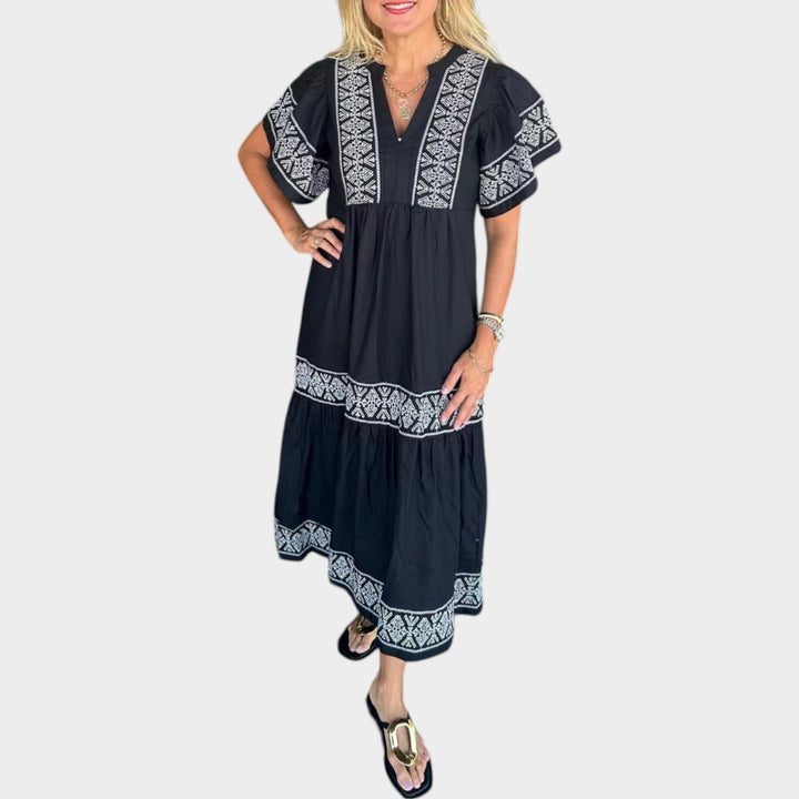 Boho Embroidered Tiered Midi Dress