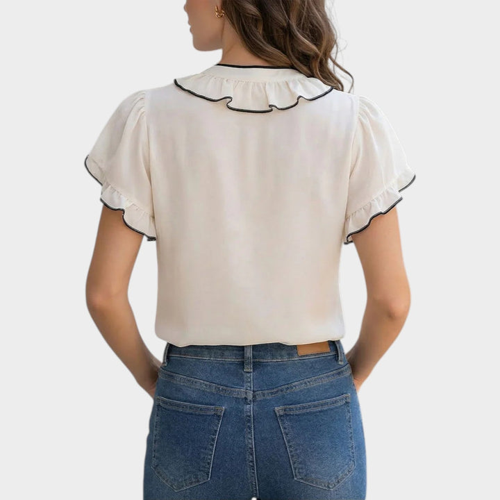Ruffled V-Neck Short Sleeve Blouse