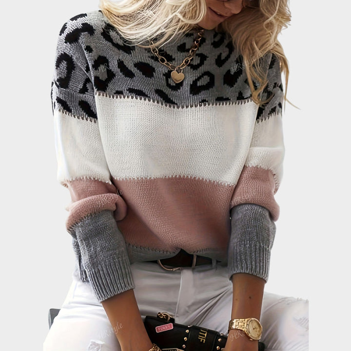 Women’s Knit Sweater Leopard Print Color Block Long Sleeve