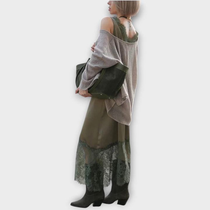 Satin Lace Hem Midi Skirt with Relaxed Sweater Set