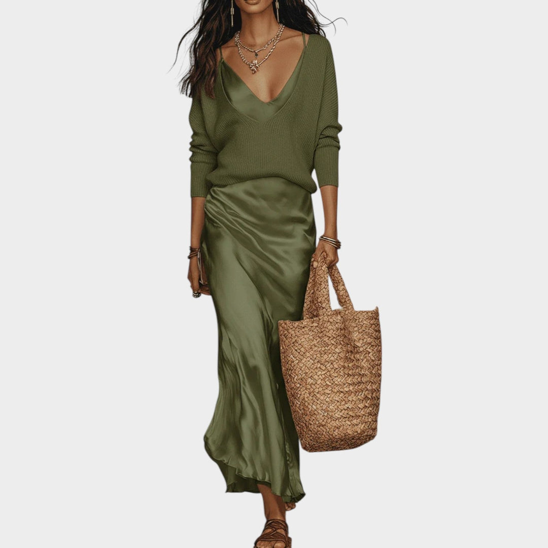 Sophisticated Knit and Satin Skirt Set