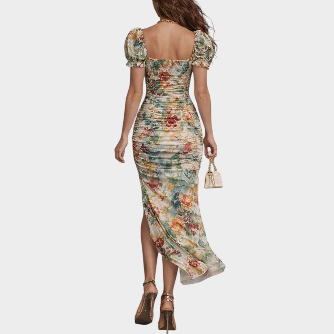 Floral Ruched Puff-Sleeve Midi Dress