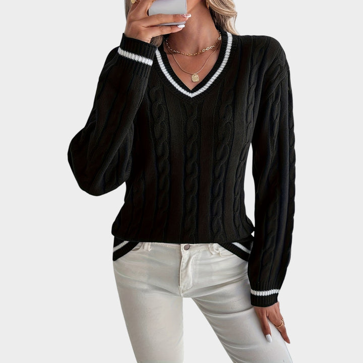Women's Cable Knit Sweater Striped Trim Drop Shoulders