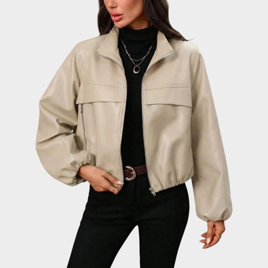 Women’s Cropped Leather Jacket with Zip Pockets