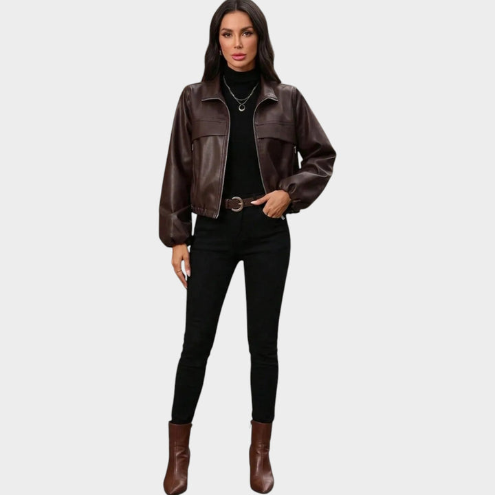Women’s Cropped Leather Jacket with Zip Pockets