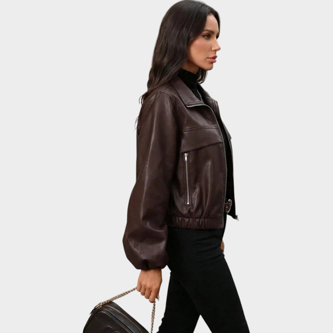 Women’s Cropped Leather Jacket with Zip Pockets