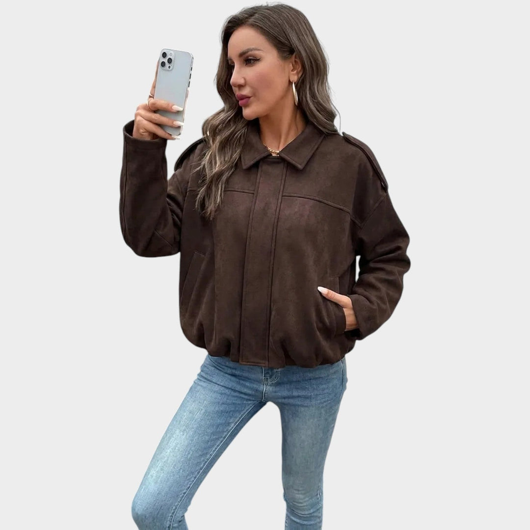 Women’s Suede Bomber Jacket Large Pockets Casual Style