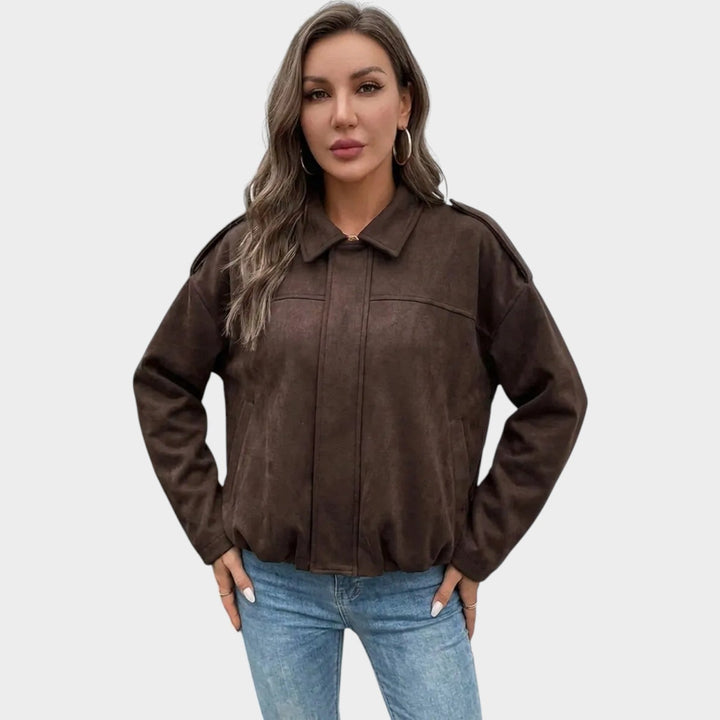 Women’s Suede Bomber Jacket Large Pockets Casual Style