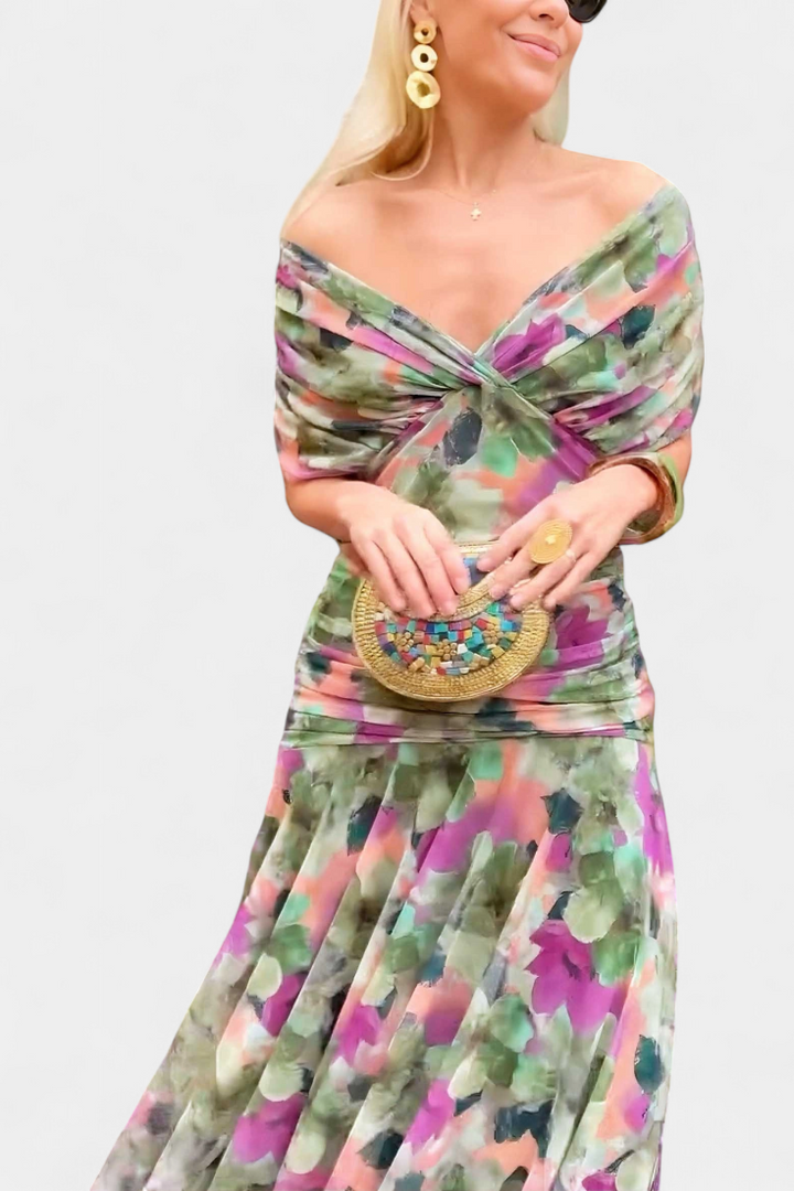 Long Floral Dress with V-Neckline and Romantic Elegance