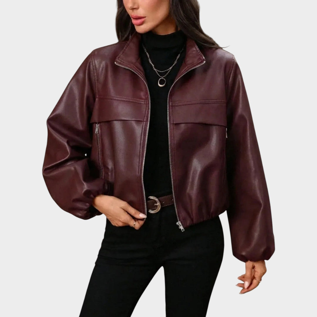 Women’s Cropped Leather Jacket with Zip Pockets