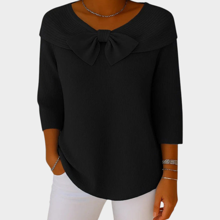 Women's Crew Neck Bow Ribbed Knit Sweater