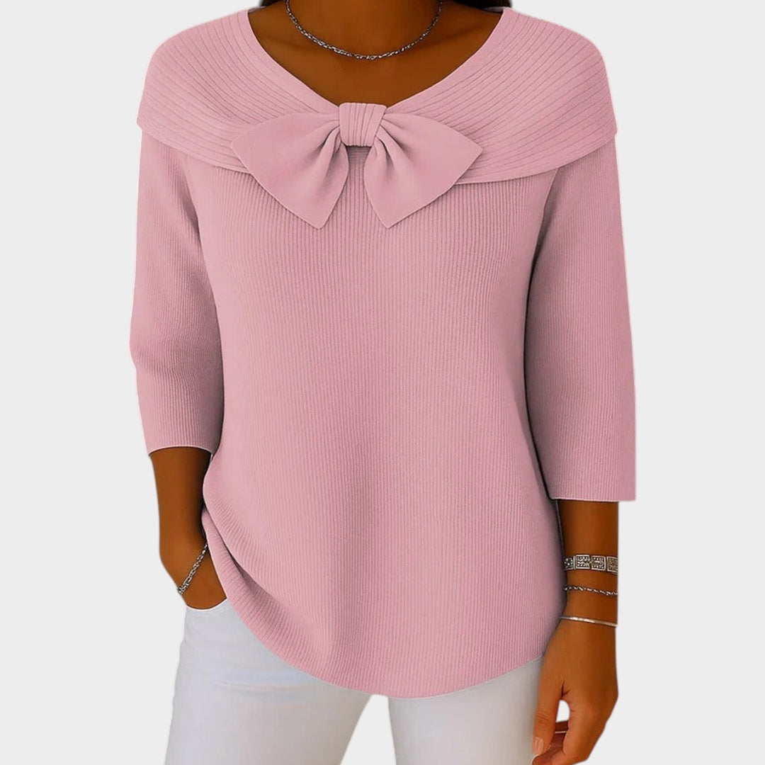 Women's Crew Neck Bow Ribbed Knit Sweater