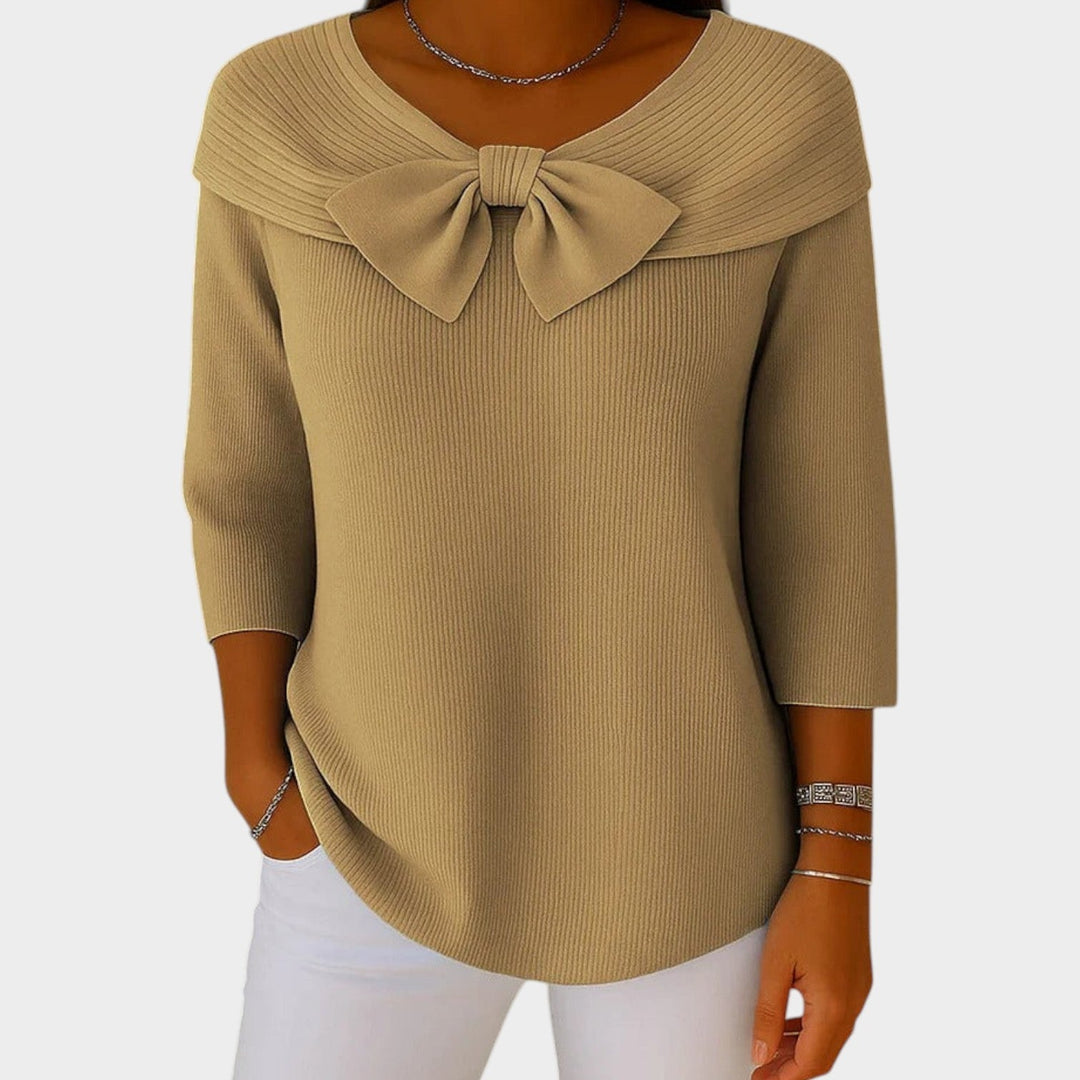 Women's Crew Neck Bow Ribbed Knit Sweater