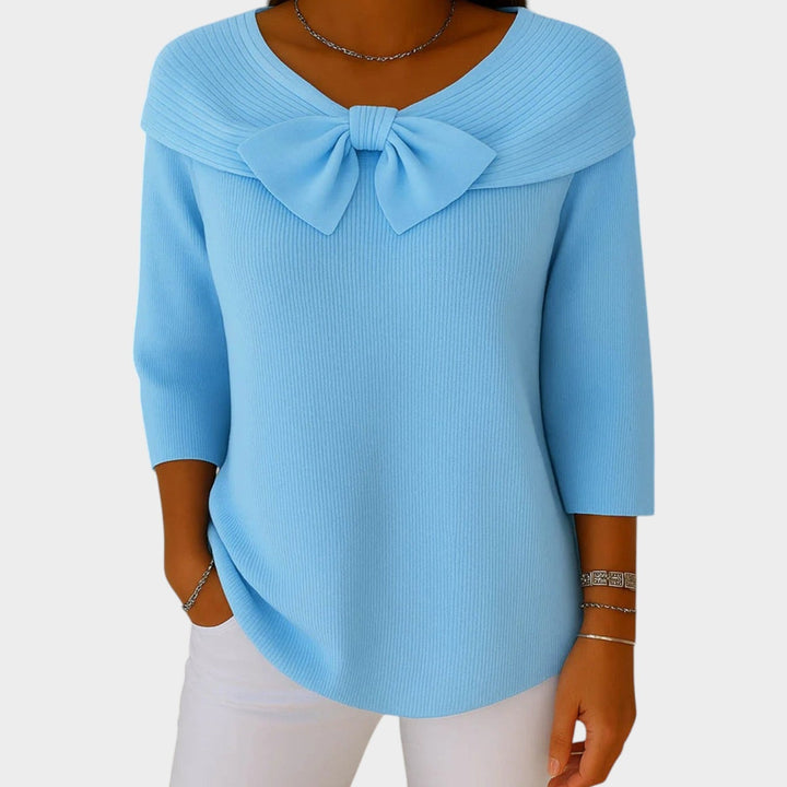Women's Crew Neck Bow Ribbed Knit Sweater