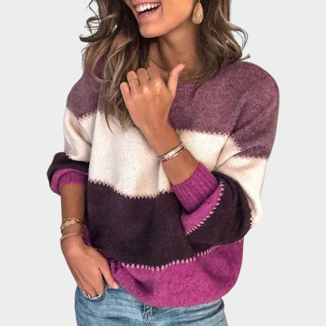 Woman's Striped Knit Sweater Color Block Relaxed Fit
