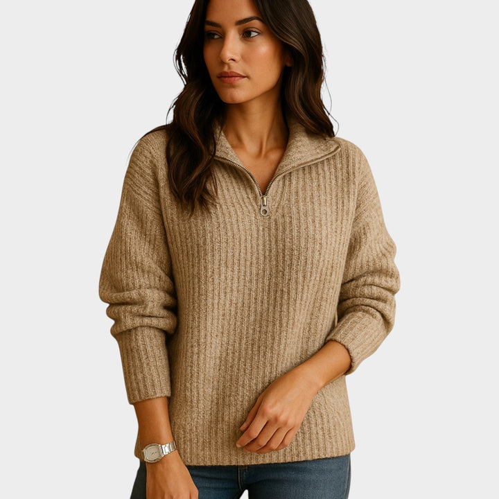 Women's Knit Quarter Zip Sweater Textured Ribbed Long Sleeves